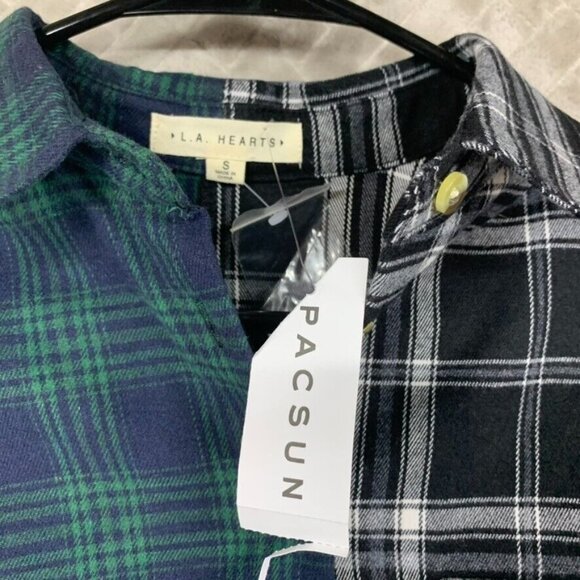 LA Hearts Womans S Crop Top Button Up Shirt Two Tone Plaid Long Sleeve Collared - Picture 6 of 16